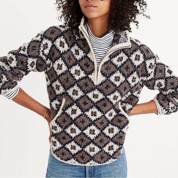 Madewell Tops - Madewell Popover Sweater Fuzzy Teddy Bear Style Fleece 1/4 Zip Diamond Print M